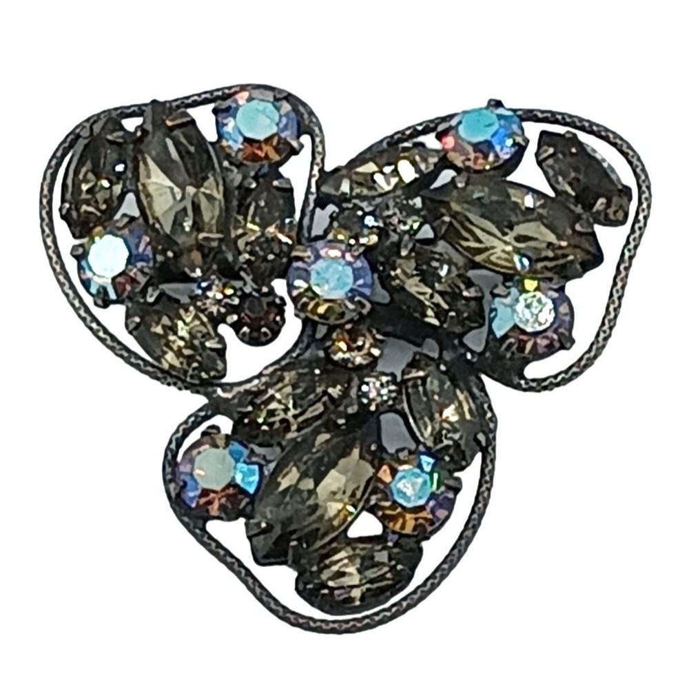 Vintage Regency Rhinestone Brooch Aurora Borealis Gray Pin Unsigned Jewelry